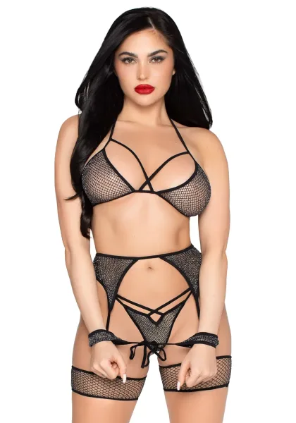 Net Bra Top, String & Harness Set
